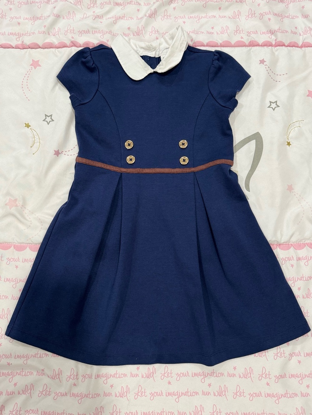 4, Janie and Jack Navy Dress with White Peter Pan Collar and Brown Trim